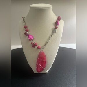 Vibrant Pink Stone Necklace with Wire Wrap